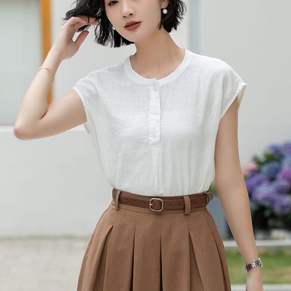Pure Linen White Blouse, Vintage Inspired Button Front, Summer Office Wear, Xiaolizi 5992