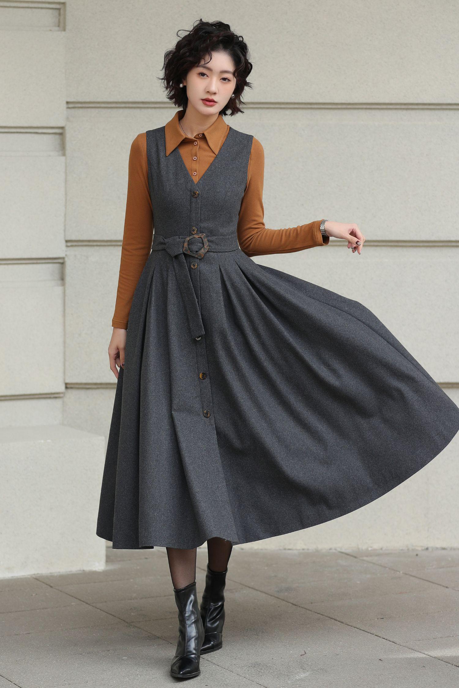 Gray Wool-blend Pinafore Dress: Vintage Style Sleeveless A-line