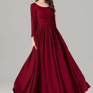 Empire Waist Dress, Vintage Style Maxi Dress, Black Linen Dress, Women Swing Dress, Plus Size Dress, Xiaolizi, Fit and Flare Dress 1394 Red-4924