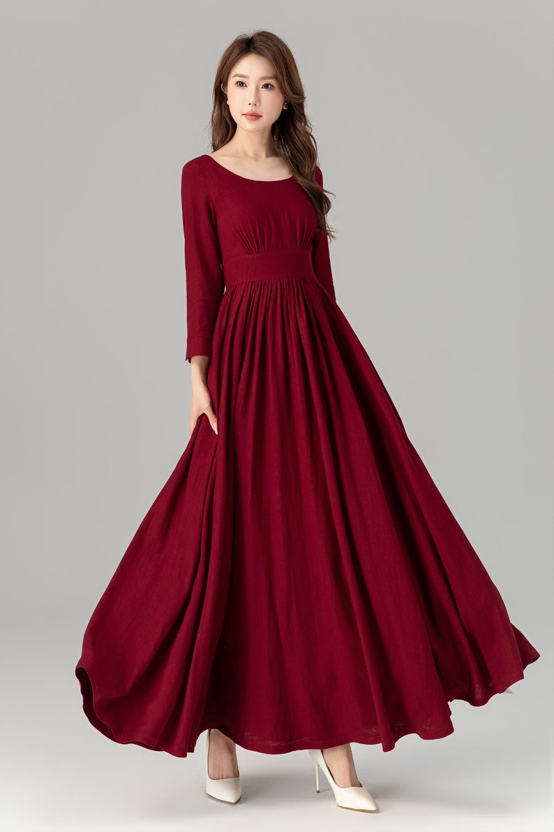 Empire Waist Dress, Vintage Style Maxi Dress, Black Linen Dress, Women Swing Dress, Plus Size Dress, Xiaolizi, Fit and Flare Dress 1394 Red-4924