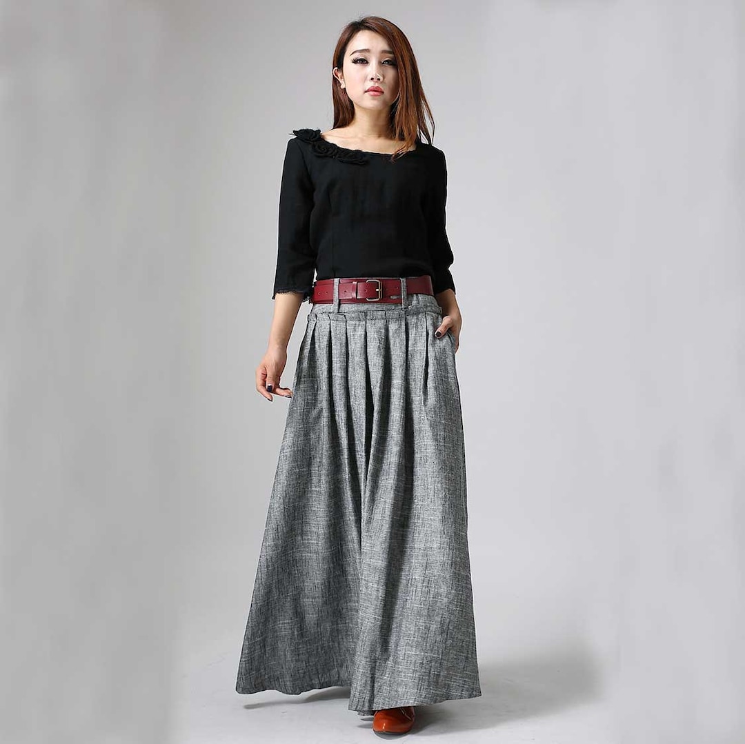 Women Linen Maxi Skirt, Swing Long Pleated Skirt, Gray Skirt, Pockets ...