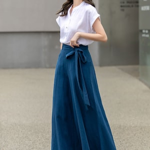 Womens Palazzo Belted Linen Pants, High Waisted Long Trousers, Blue Linen Pants, Women Wide Leg Pants, Custom Pants, Xiaolizi 4276 image 3