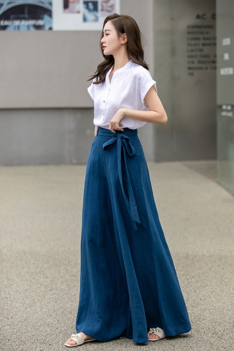 Womens Palazzo Belted Linen Pants, High Waisted Long Trousers, Blue Linen Pants, Women Wide Leg Pants, Custom Pants, Xiaolizi 4276 image 3