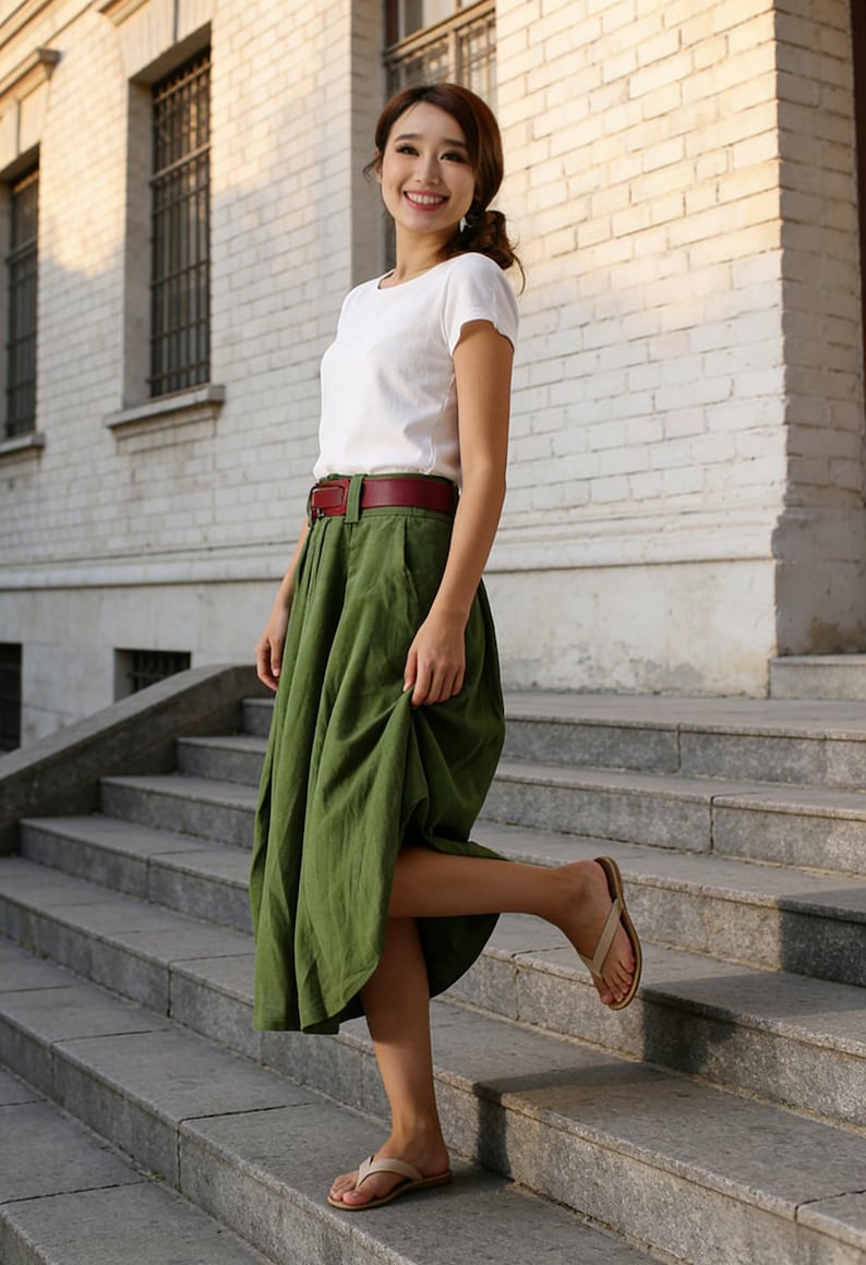 Family Gatherings, Linen skirt, Linen Midi skirt with pockets, women linen skirt, green bubble skirt, summer skirt, made to order 0984# image 5