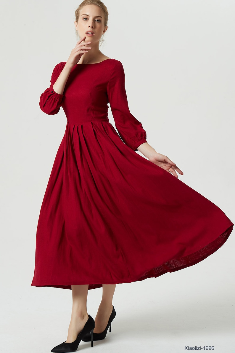 Boat Neck Long Linen dress, Womens A Line red Pleated maxi dress, Cottagecore dress, Summer spring outfit, Handmade dress, Xiaolizi 1996 image 6