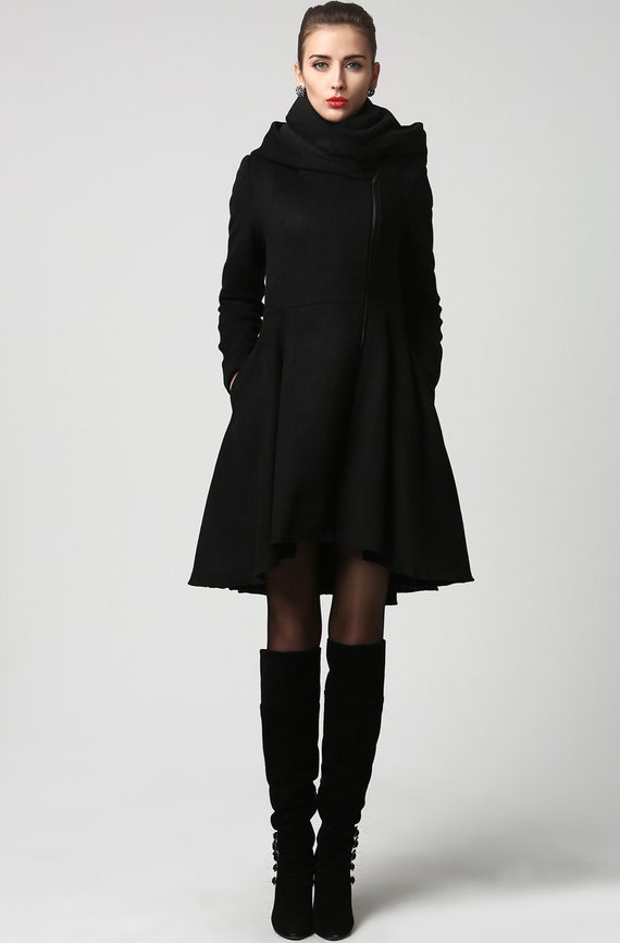 Black Winter Hooded Wool Coat Women, Asymmetrical Midi Wool Coat, Full  Skirt Coat, Hooded Swing Coat, Autumn Winter Outwear, Xiaolizi K1121 