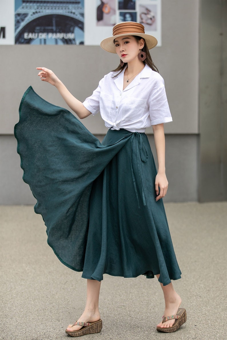 Green Swing Linen Skirt, Wrap linen skirt, Linen Midi Skirt, Linen Skirt with Pockets, A Line Skirt, Spring Custom Skirt, Xiaolizi 4269 1-green