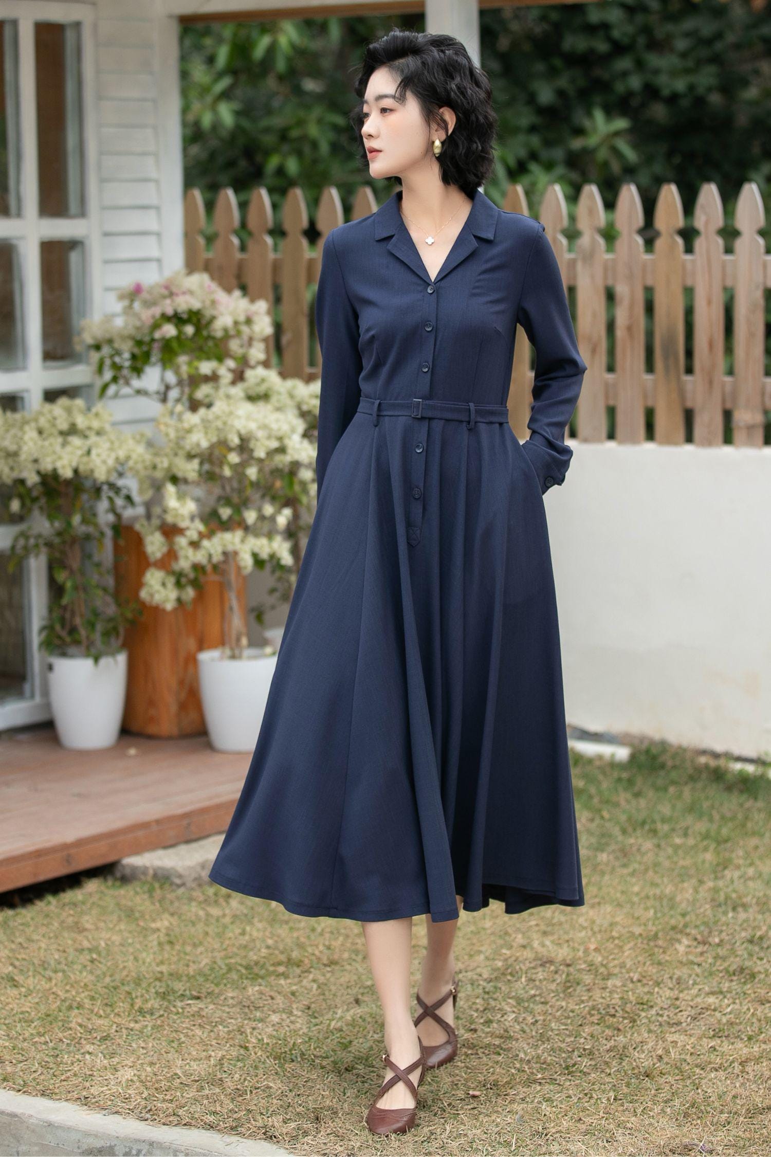 dark blue long sleeve dress Blue Maxi Dress, Fit and Flare Dress, Plus Size Dress, Shirt Dress, Long  Sleeves Dress, Flare Dress, Floor Dress, Women Dress, Formal Dress