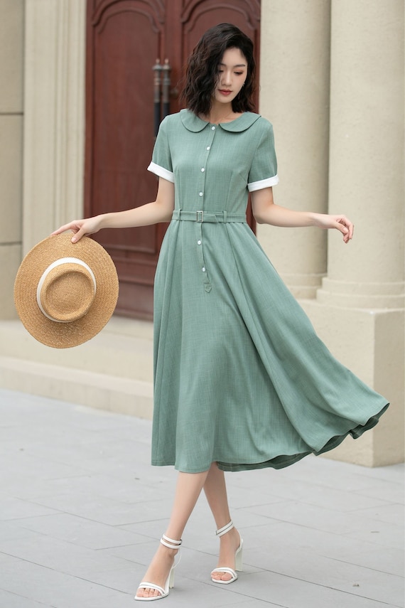 Green midi swing linen shirt dress 5148 Green midi swing linen shirt dress 5148