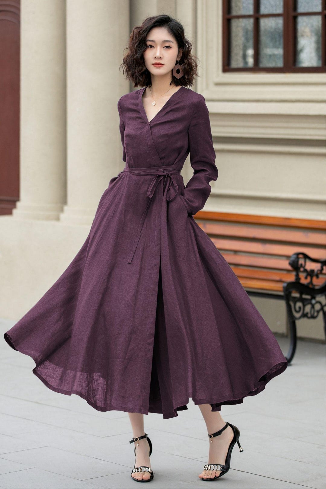 Purple Linen Cotton Wrap Maxi Dress: Long Sleeve V-neck Swing Dress, Custom, Xiaolizi 6672 - Etsy Israel Purple Linen Cotton Wrap Maxi Dress: Long Sleeve V-neck Swing Dress, Custom, Xiaolizi 6672 - Etsy Israel