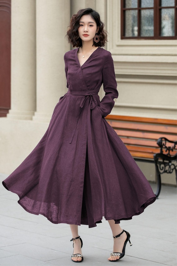 white christmas dresses Women's Button Cotton Linen Retro Casual Long Sleeve Big Swing Dress main image 0