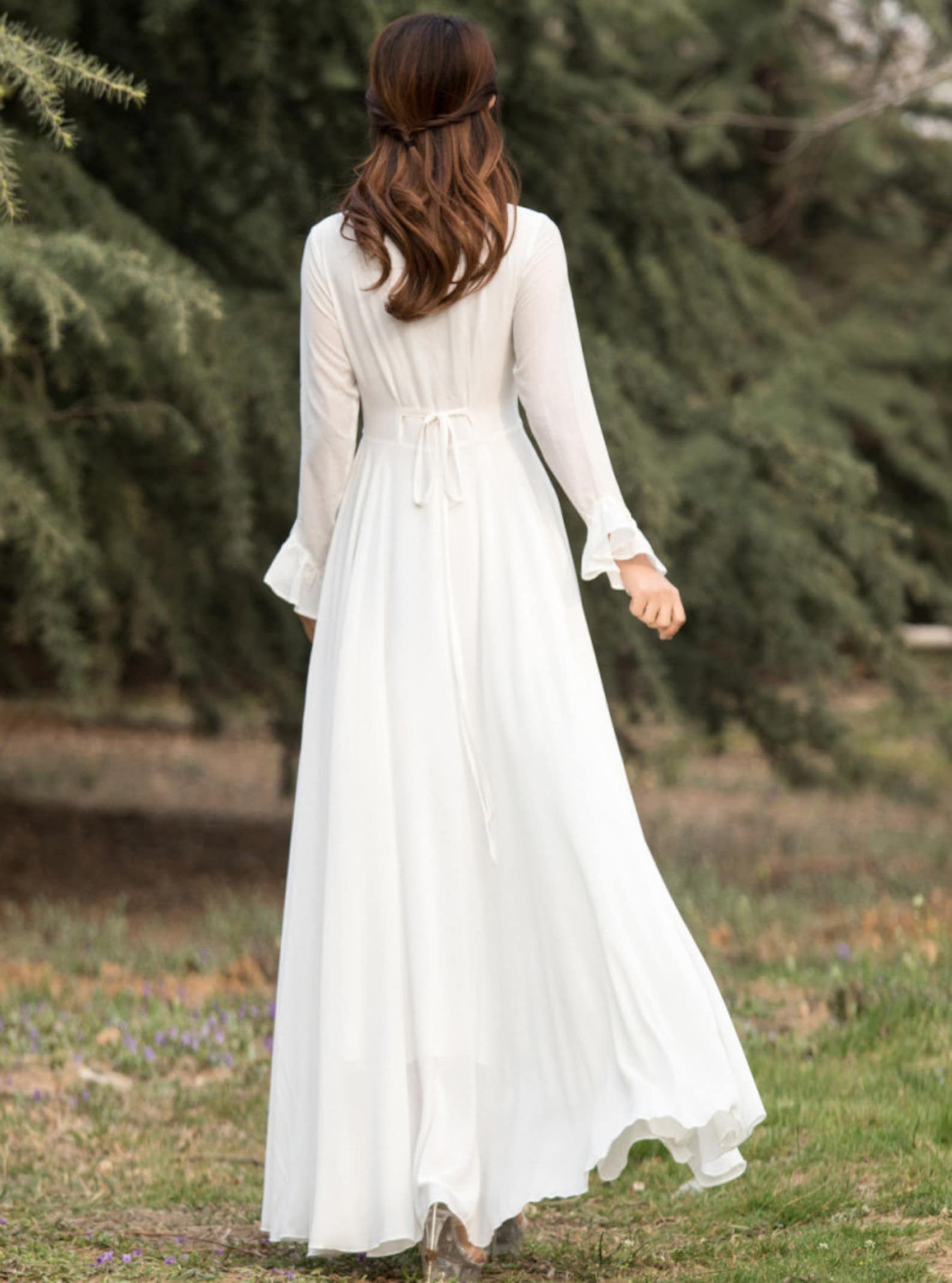 White Chiffon Dress Long Sleeve Bohemian Swing Chiffon Dress Etsy India