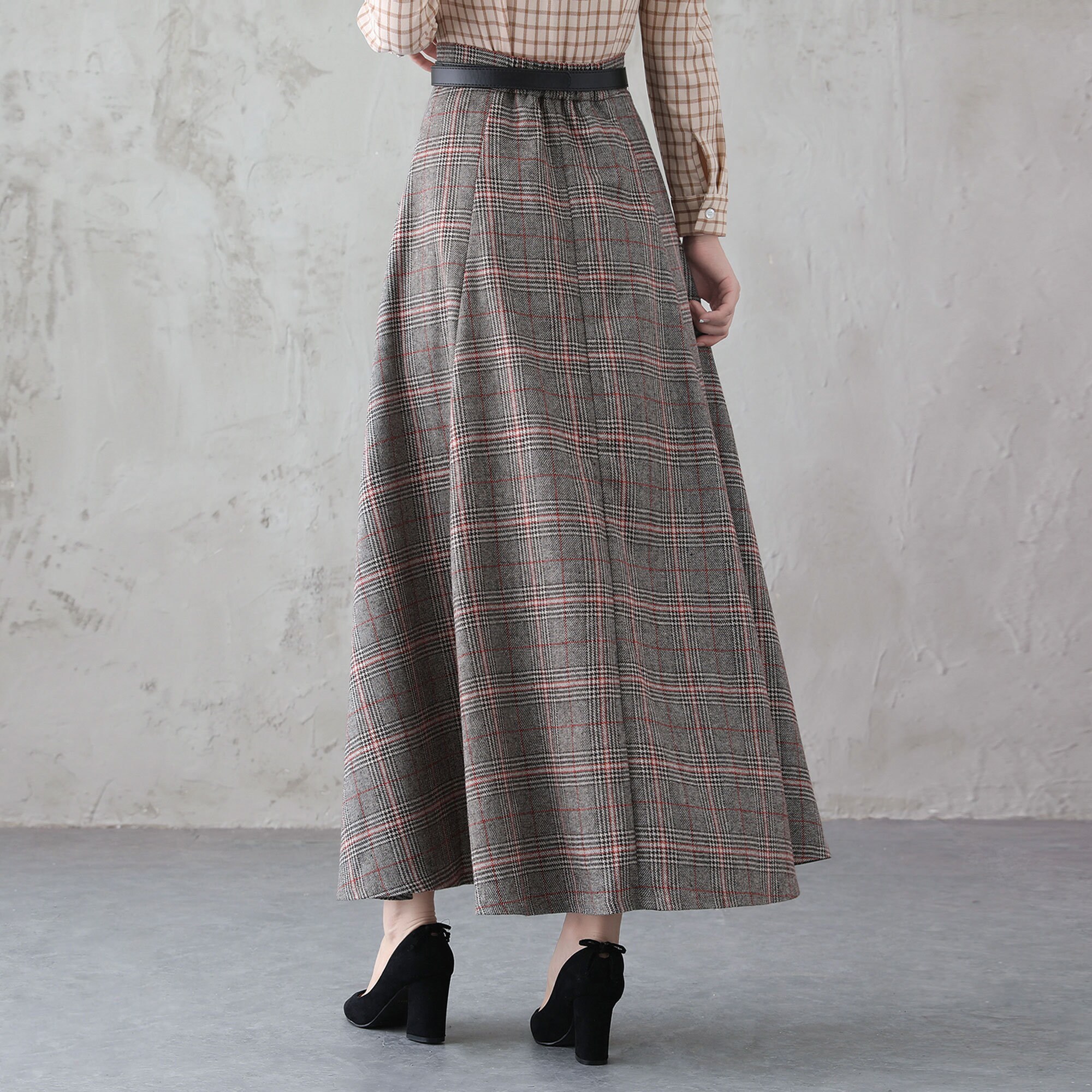 Long Wool Skirt, Maxi Plaid Skirt, High Waist Wool Skirt