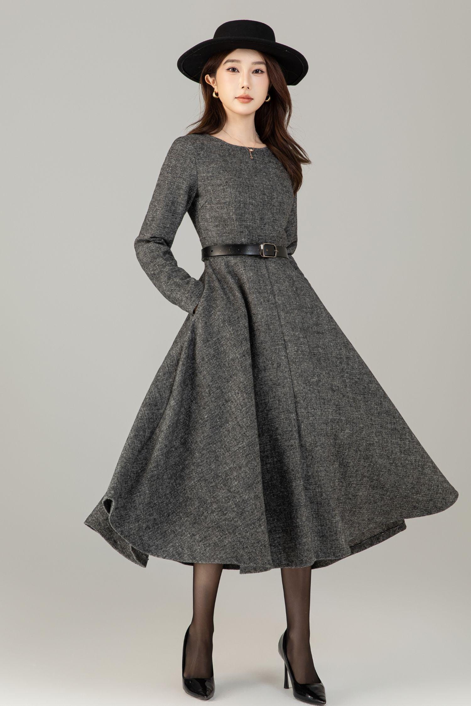 Gray Wool Midi Dress: Long Sleeve A-line Swing Style, Custom