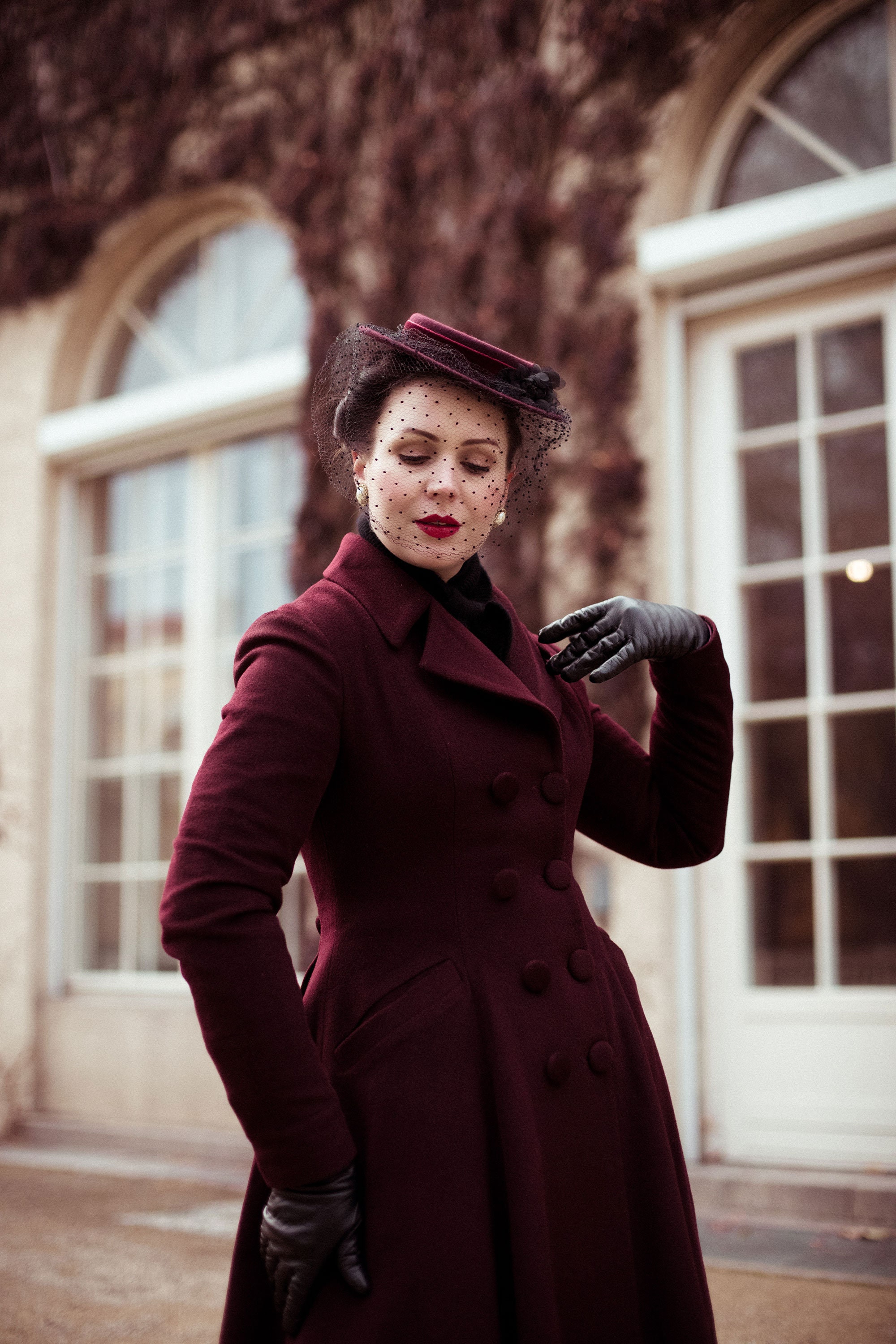 Burgundy Long Wool Coat, Swing Princess Coat, Double
