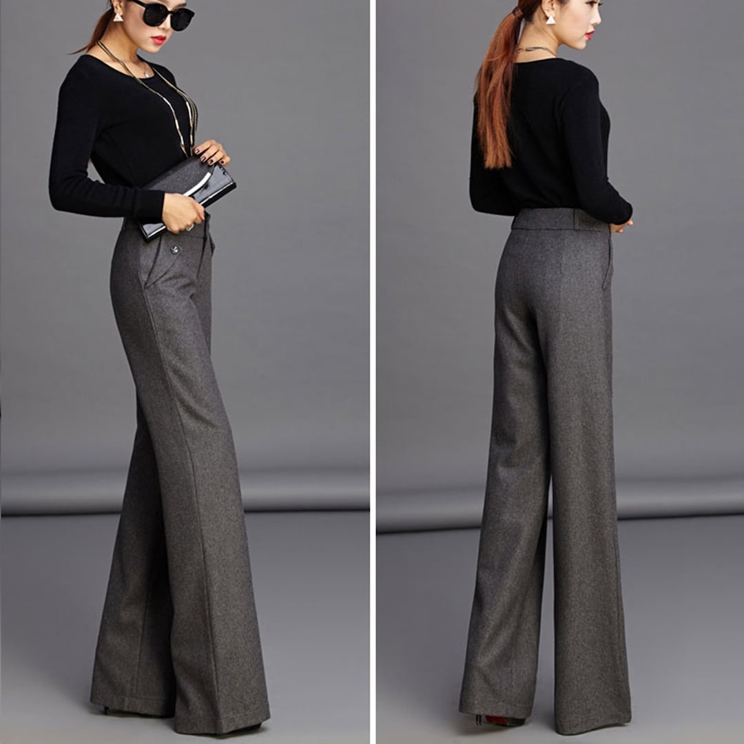 Dark Grey Warm Wool Long Pants, Straight-leg Pants, Palazzo Pants ...