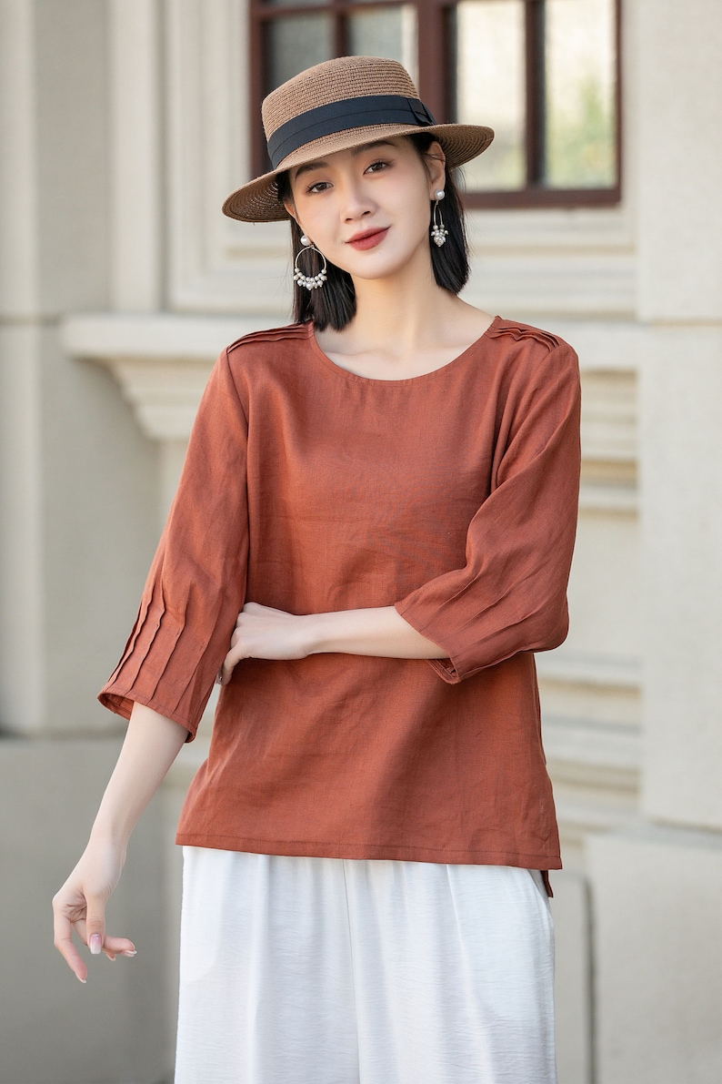 loose fit Linen blouse, white linen top, Plus size Linen shirt, summer top for women , Oversized top, womens linen top 77711 Orange-4902