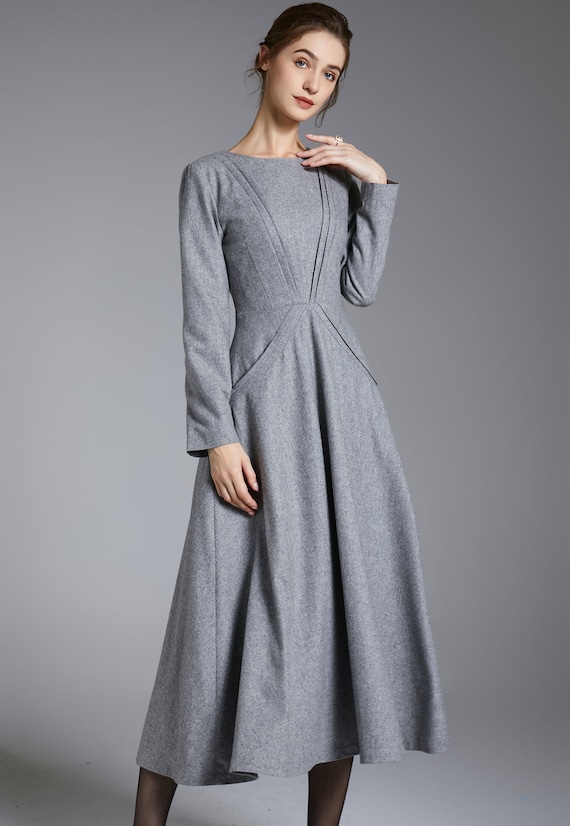 Wool Dress Vintage Style Dress Long Sleeve Casual Maxi Dress Fall