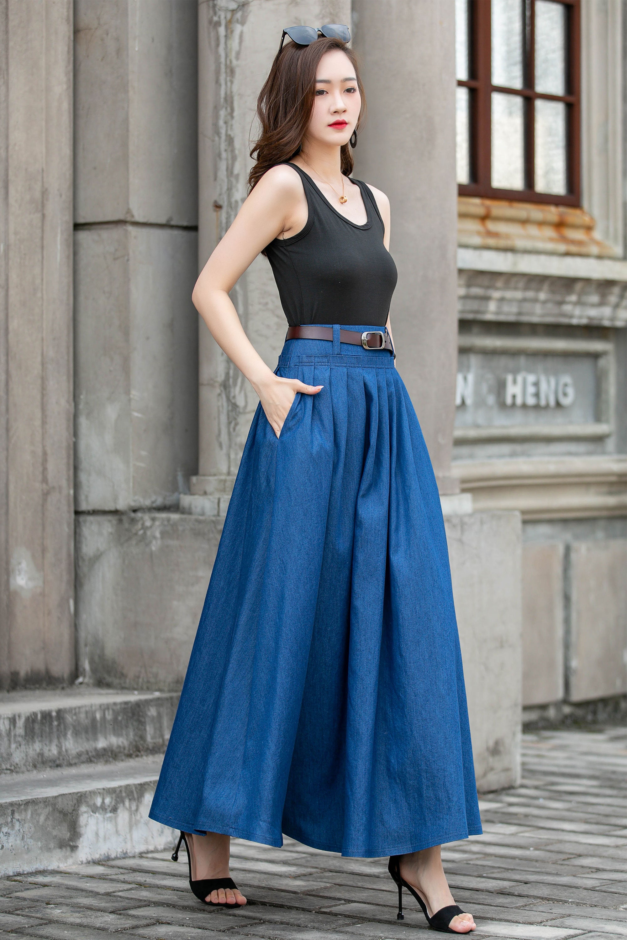 Long Denim Maxi Skirt for Women, Navy Blue Walking Skirt