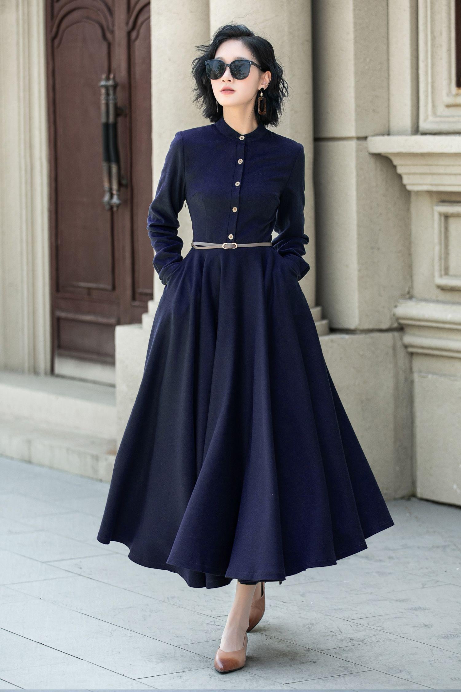 Long Sleeve Wool Dress, Wool Shirt Dress, Button-up Wool Dress