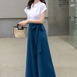 Womens Palazzo Belted Linen Pants, High Waisted Long Trousers, Blue Linen Pants, Women Wide Leg Pants, Custom Pants, Xiaolizi 4276 image 2