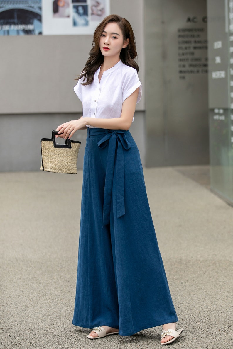 Womens Palazzo Belted Linen Pants, High Waisted Long Trousers, Blue Linen Pants, Women Wide Leg Pants, Custom Pants, Xiaolizi 4276 image 2