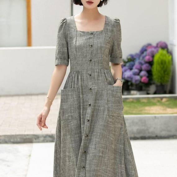 heli leaves button front linen midi dress Blue Linen Shirt dress, Button down dress, Summer womens A Linen Linen Midi dress, Date dress, Work dress, Custom dress, ylistyle C4833