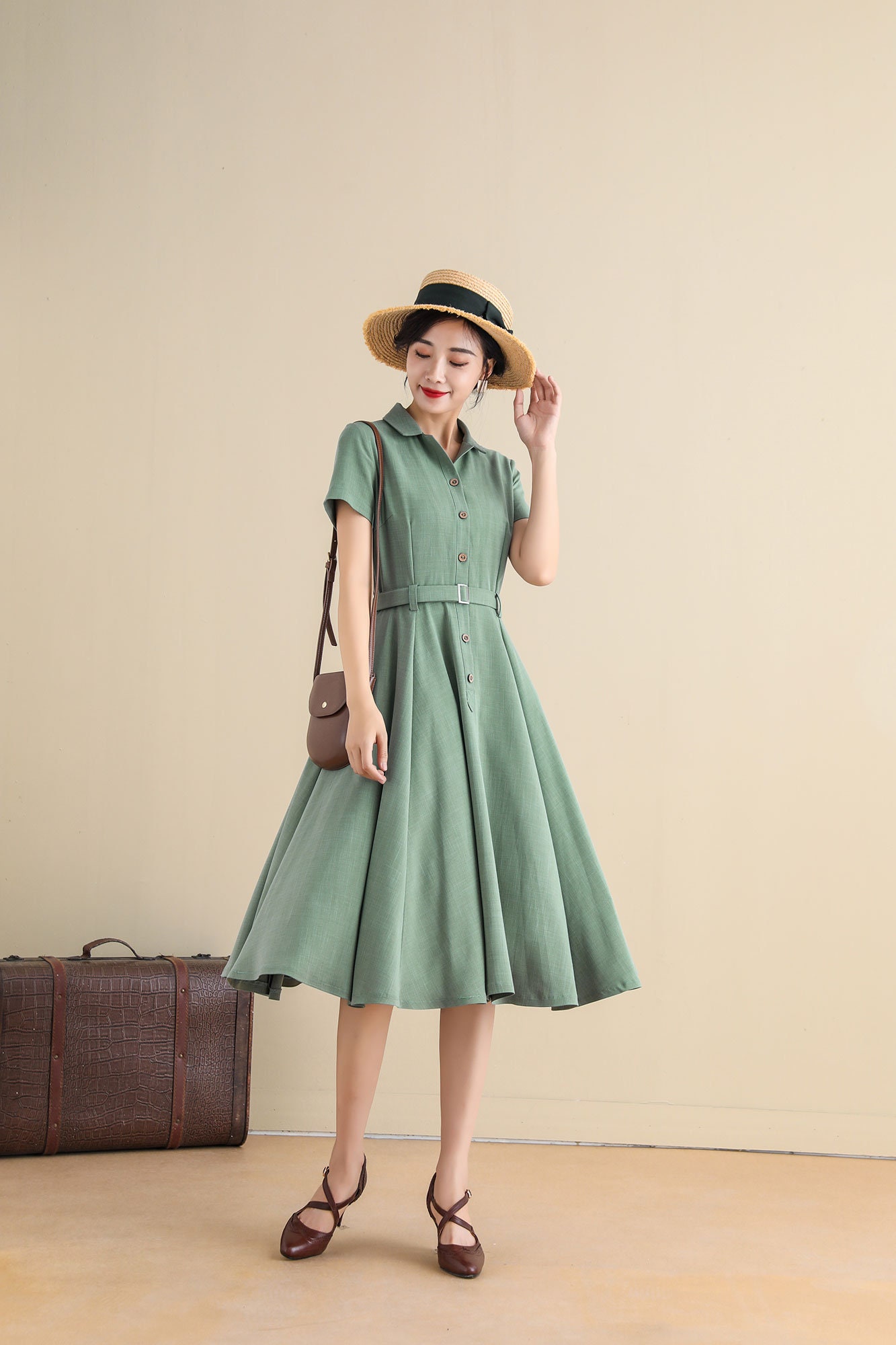 1950s Shirtwaist Dress Women Retro Swing Shirt Dress Midi