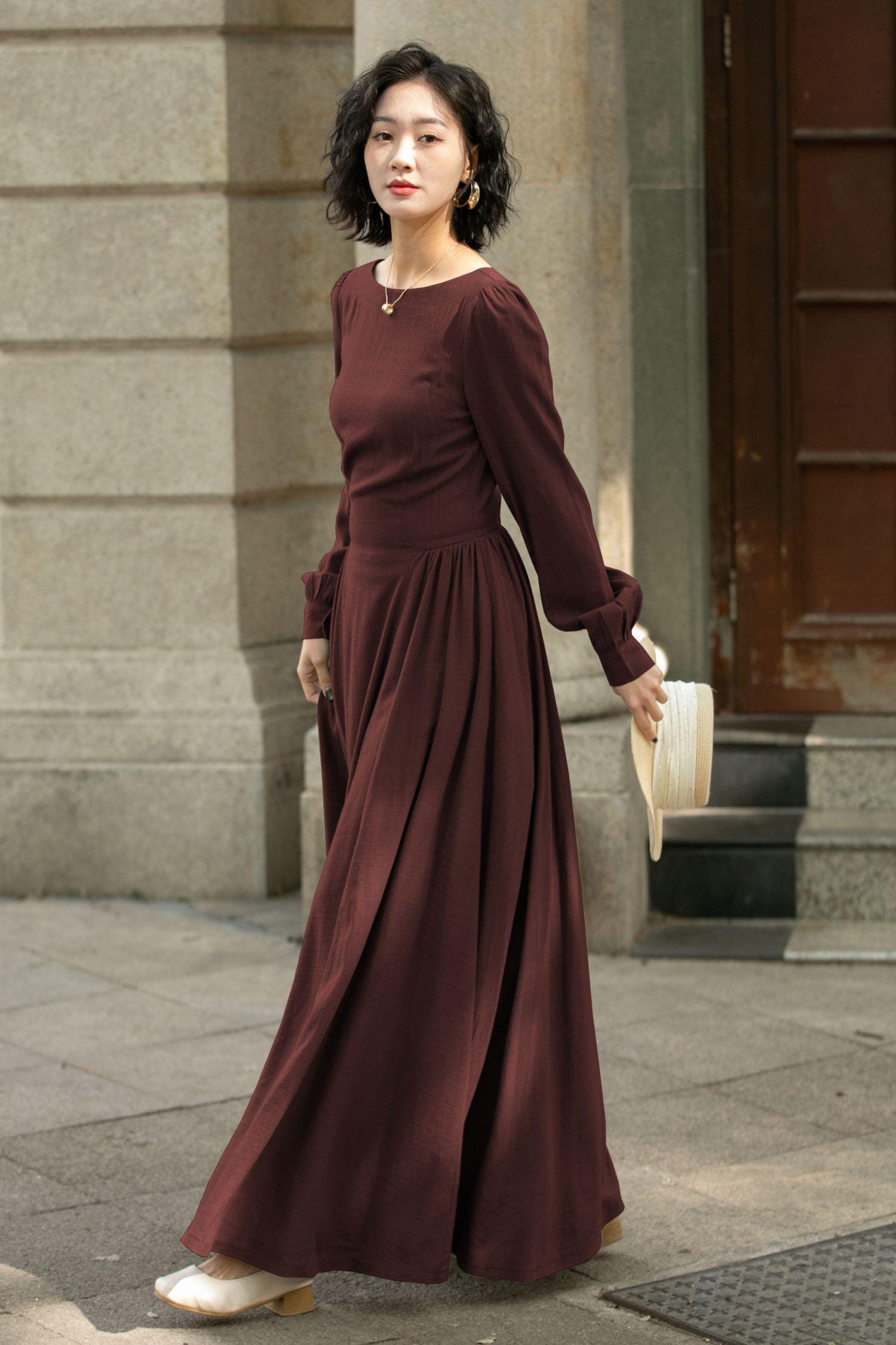 Linen Maxi Dress, Long Sleeve A-line Medieval Style, Custom
