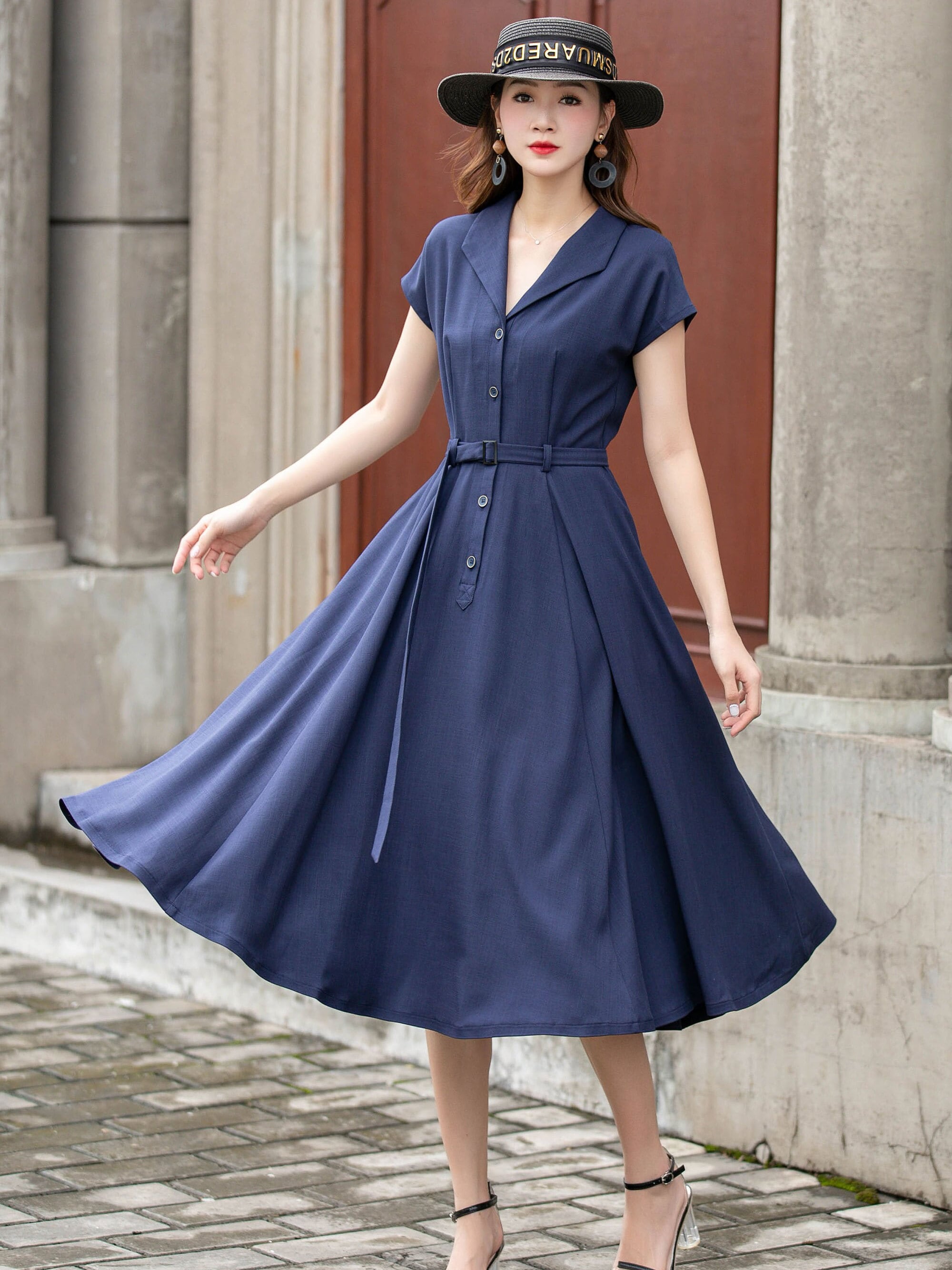 Blue Linen Swing Dress, 1950s Style Belted Midi