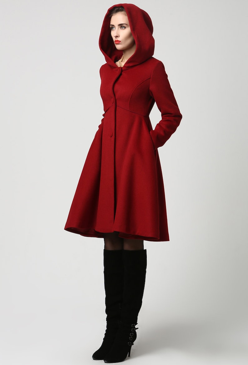 Wool Princess coat, Wool coat women, winter coat women, Hooded coat, Vintage inspired Swing coat, Hooded wool coat, Custom made coat 2647 2-Wine red