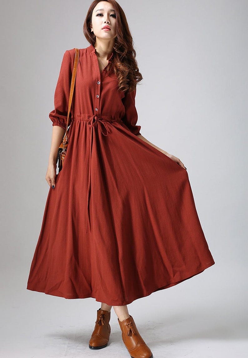 Rust Red Linen Shirt Dress, Casual Linen Maxi Dress with Drawstring, Custom Long Sleeve Swing Dress, Button down Retro Fall Dress 0804 red rust-0804