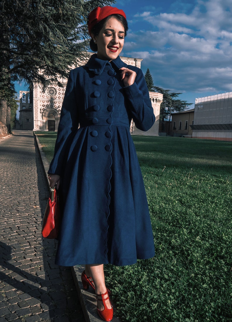 1930s Style Coats, Jackets | Art Deco Outerwear     1940s Dark Blue Wool Princess Coat Double-breasted Long Wool Coat Mod Maxi Coat Winter Coat Women Swing Coat Stylish Wool Coat 1971  AT vintagedancer.com