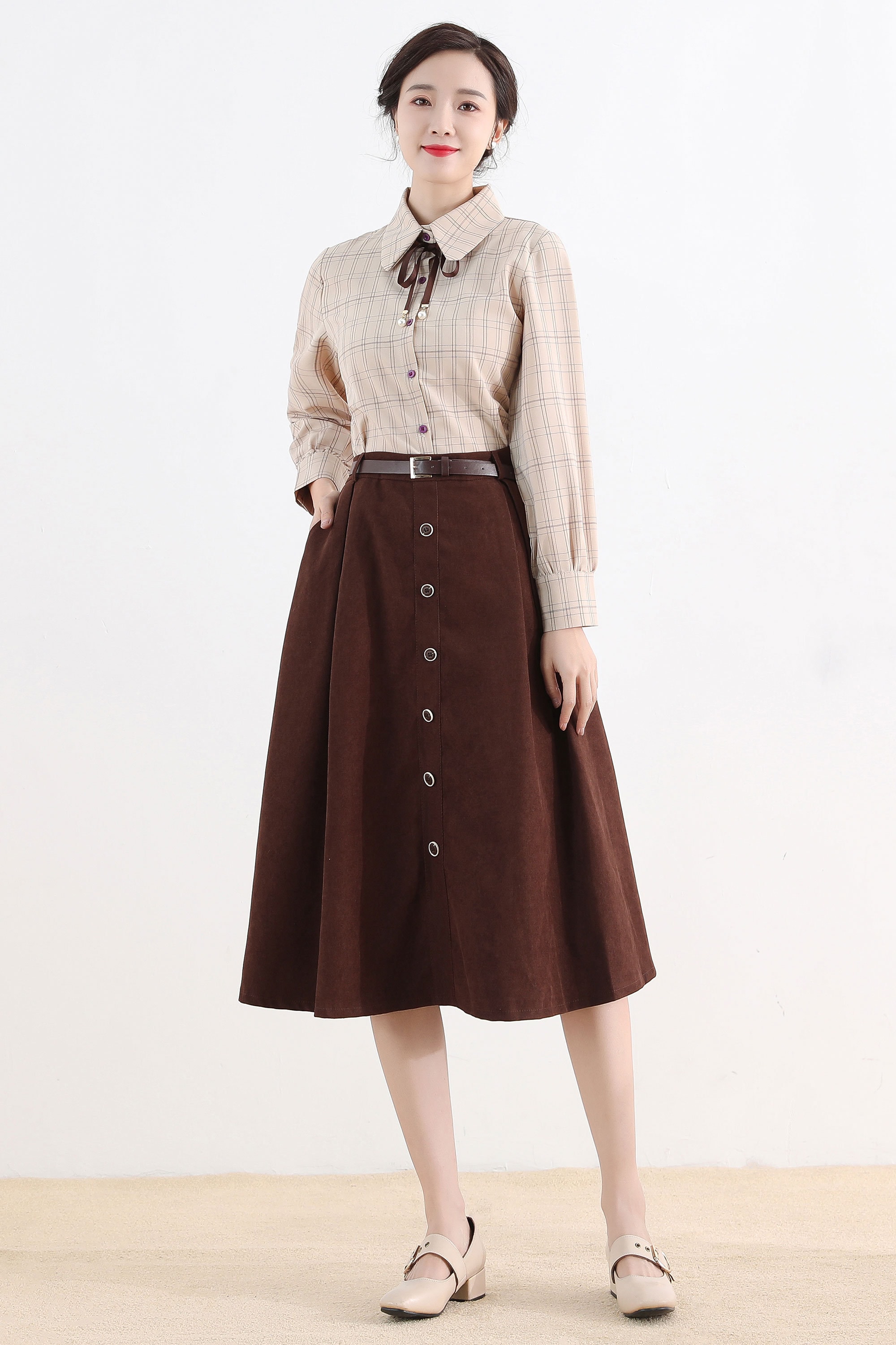 Brown Button Midi Skirt, A Line Swing Skirt, High Waisted Skirt, Women Skirt,  Skirt With Pockets, Plus Size Skirt, Midi Skirt Xiaolizi 2521 