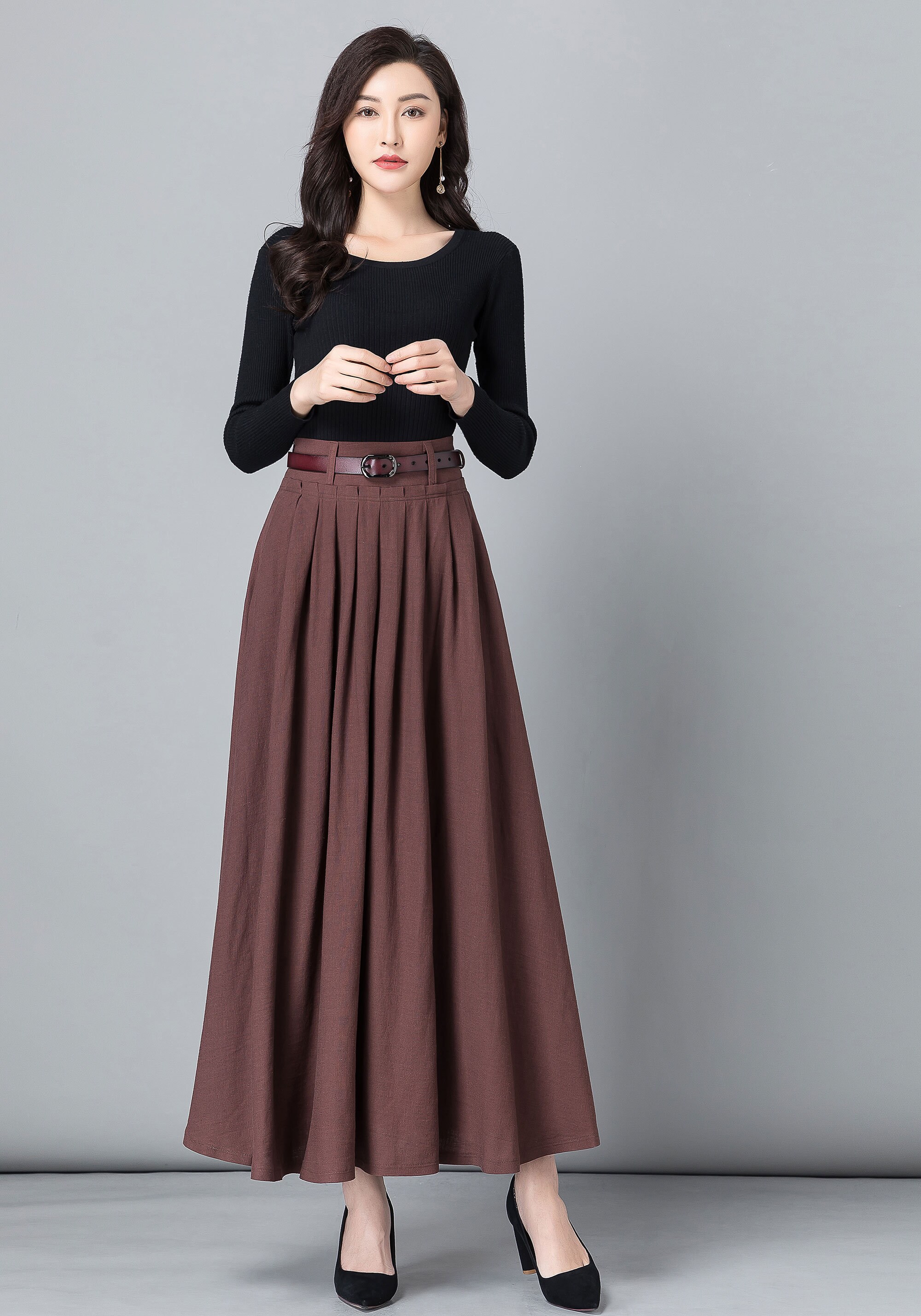 Brown Linen Skirt, Long Maxi Skirt Work Outfit, Long Linen