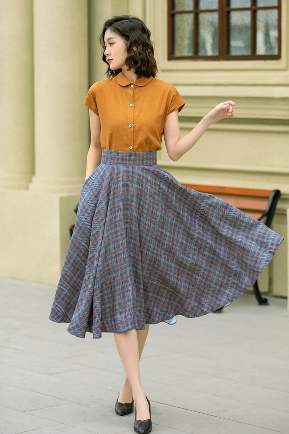 High waisted plaid summer linen skirt 4952 High waisted plaid summer linen skirt 4952