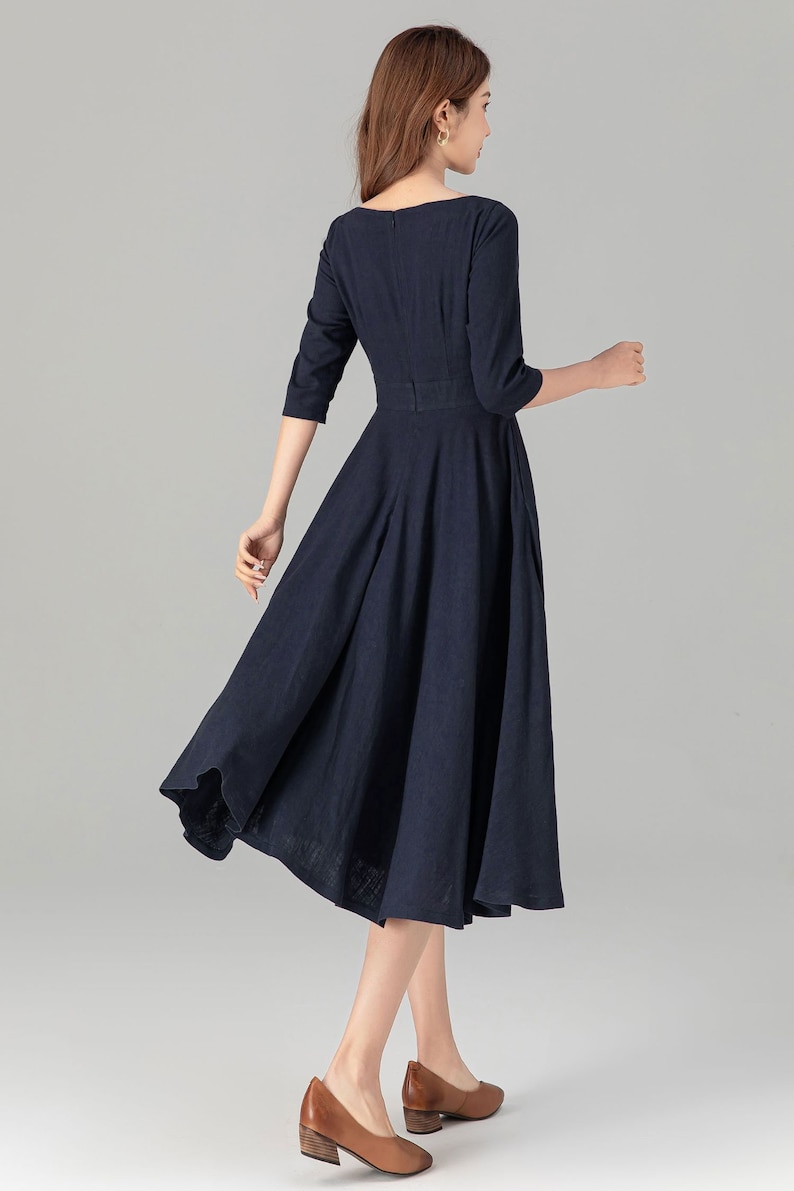 Linen dress, Midi linen dress, Linen swing dress, Blue linen skirt, Womens dress, Modest dress, Party dress, Custom dress, Xiaolizi 4906 image 5