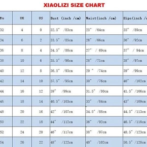 May include: A size chart labeled "XIAOLIZI SIZE CHART" with columns for international sizes, EU, UK, US, bust (inches/cm), waist (inches/cm), hips (inches/cm), and height (inches). Sizes range from XS to XXL.