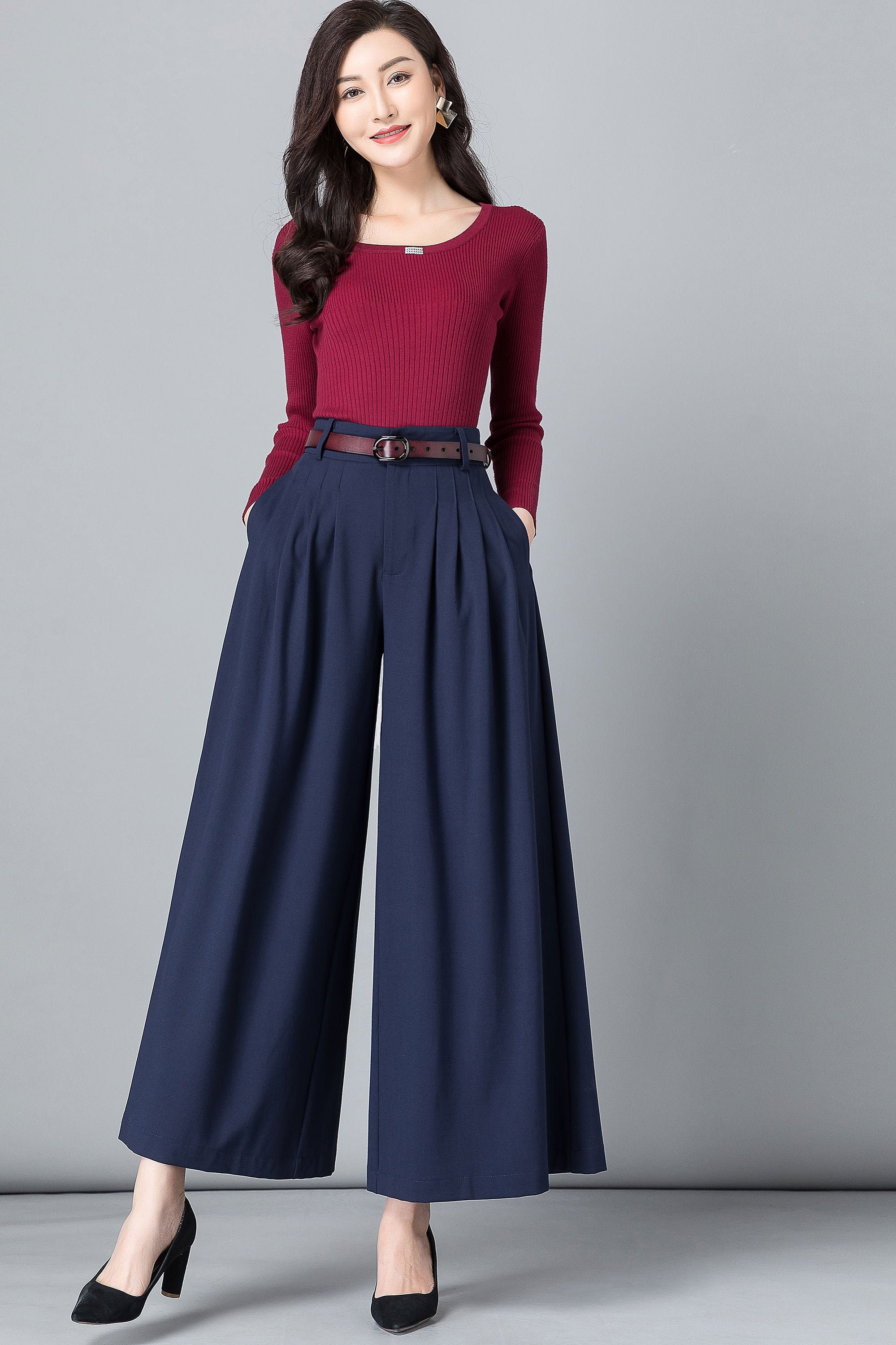 Women s Pleated High Waisted Wide Leg Pants Belted Palazzo