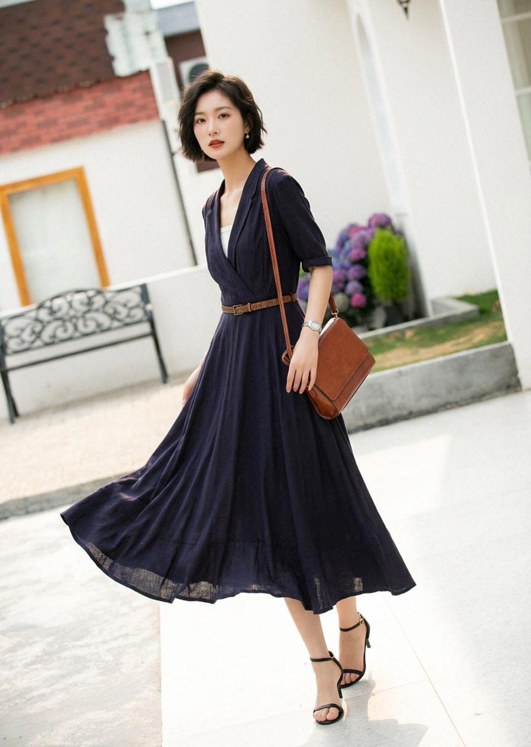 Navy Linen Blazer Dress - Short Sleeve Midi Dress With Belt