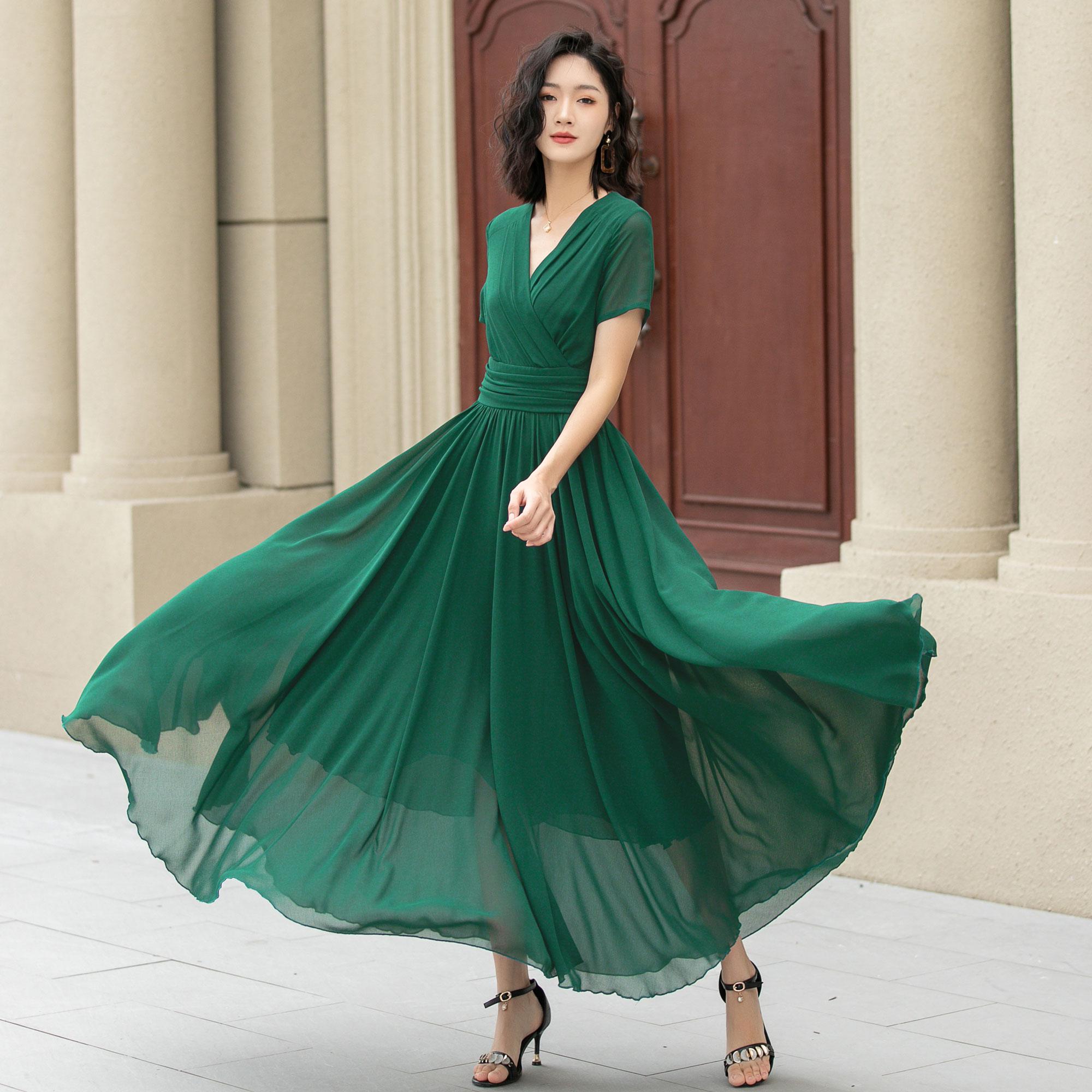 Summer Maxi Prom Chiffon Dress | Emerald Green Deep V-neck 6025 Handmade By Xiaolizi Summer Maxi Prom Chiffon Dress | Emerald Green Deep V-neck 6025 Handmade By Xiaolizi