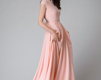Peach bridesmaid dress, Open back Chiffon Maxi Wedding dress, Cap sleeve  wedding dress, Chiffon dress long, Summer dress, prom dress 1526#
