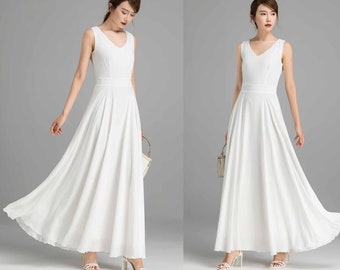 Weißes Kleid, Chiffonkleid, Ärmelloses Chiffon Maxikleid, Brautjungfernkleid, Frauenkleid, Sommerkleid, Abschlussballkleid, Partykleid 2366 #