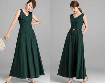 Linen dress, Green dress, Maxi dress, Women dress, Summer dress, Casual dress, Sleeveless Prom dress, A Line party dress, House dress 2361#