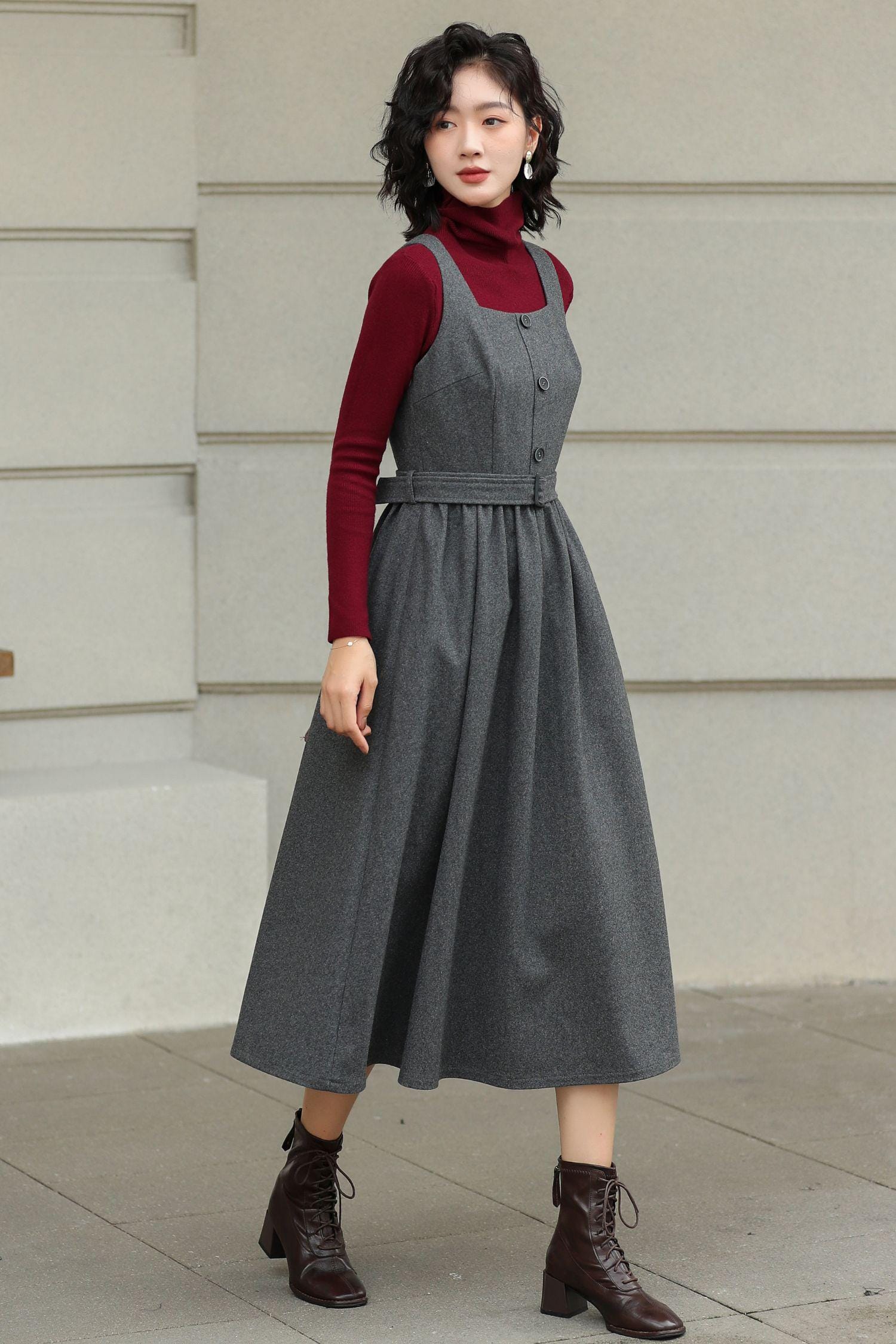 Grey Wool-blend Pinafore Dress: Women A-line Midi Jumper With Belt