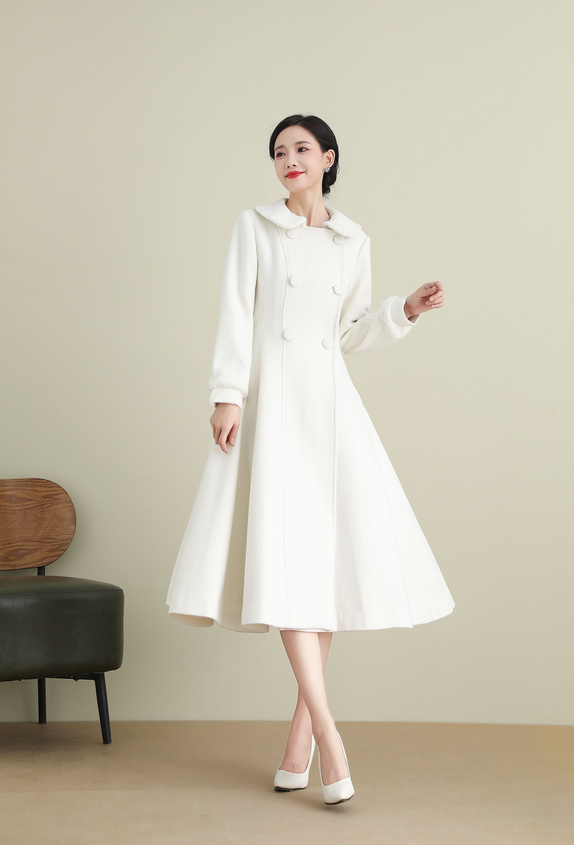 White Winter Wool Princess Coat, Wedding Coat, Dress Coat, Elegant
