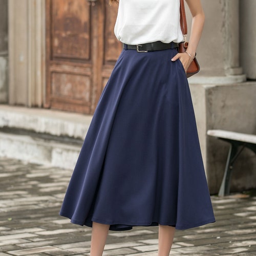 Office Wear, A-line Midi Skirt for Women, Womens Blue Semi-formal