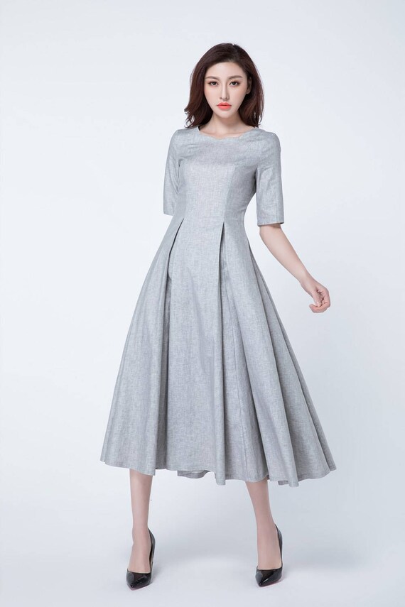 light grey linen dress short sleeves dress pleated dress | Etsy