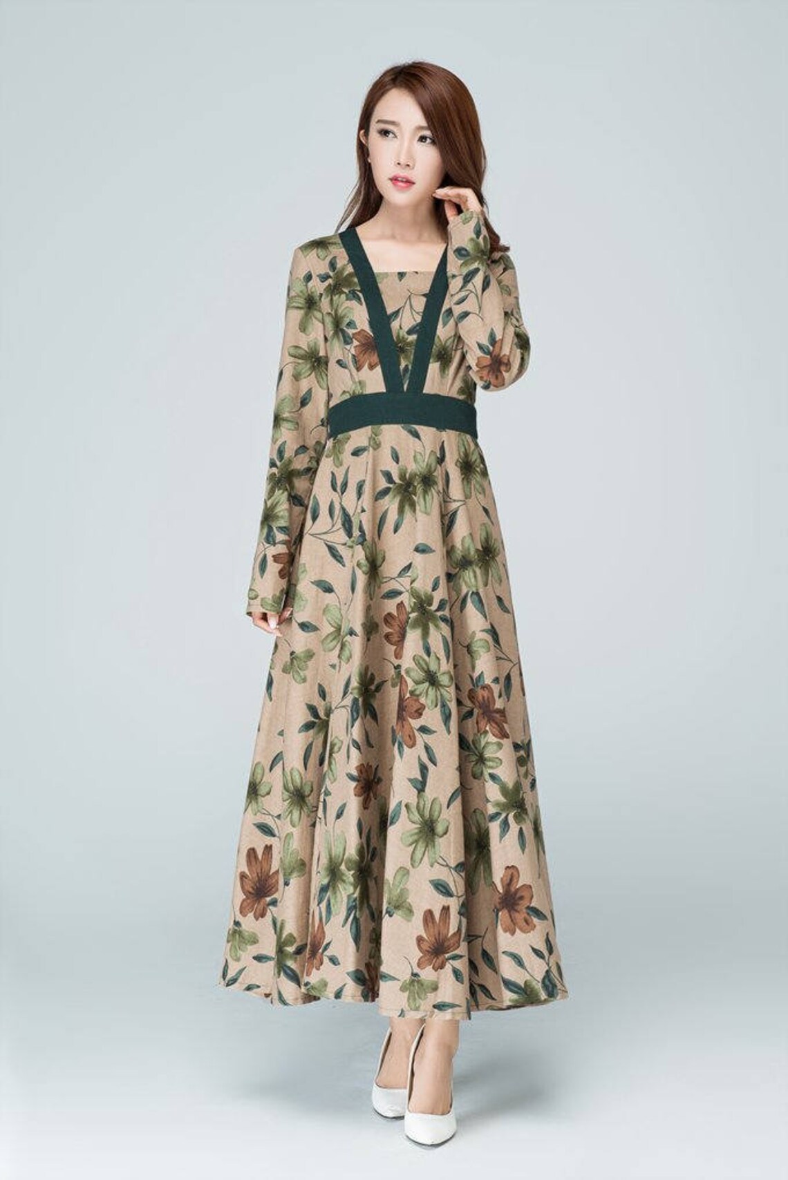 Vintage Floral Print Linen Dress, Long Sleeves Linen Dress, Long Linen ...