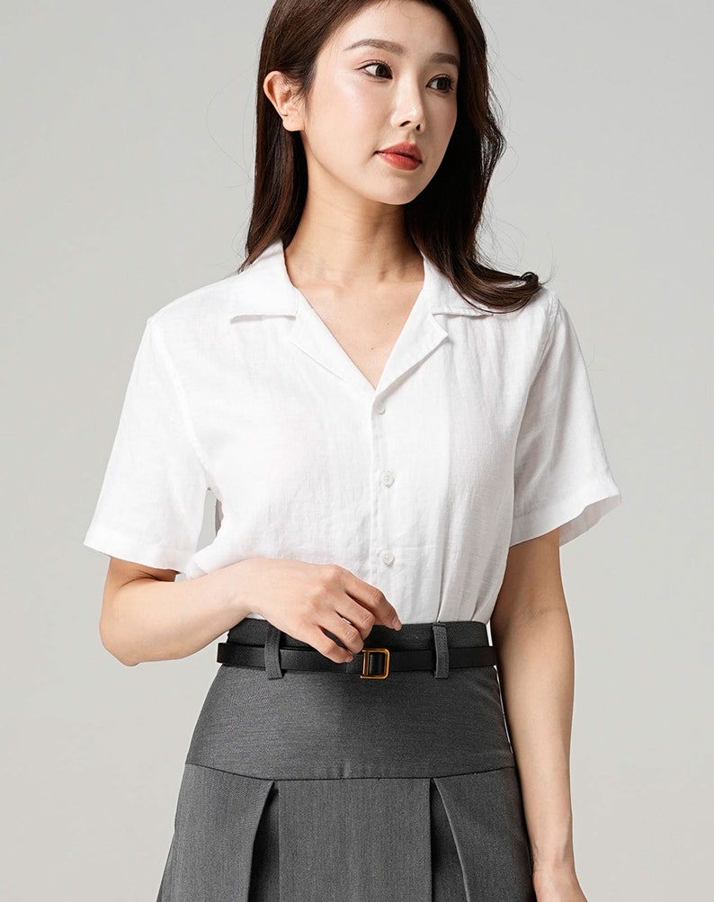 White Linen Shirt, Linen Tops for Women, Linen Button Up Shirt, Linen Shirt Women, Casual Womens Blouses, Linen blouse, Xiaolizi 4148 image 2